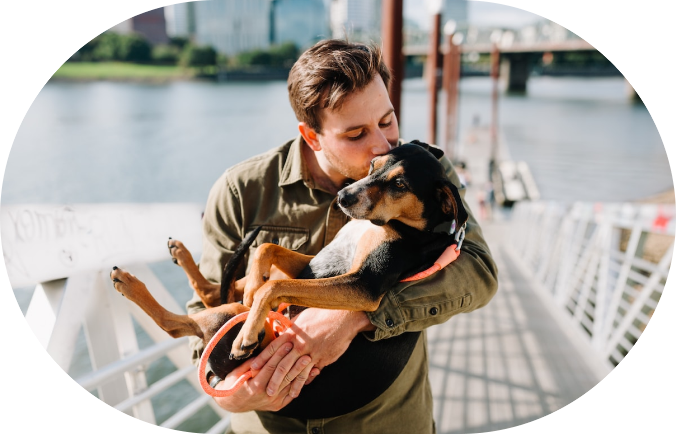 Man cradling a dog in his arms and kissing the dog on the head.